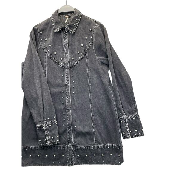 Free People Bennett Mini Denim Studded Dress Jacket Black Sz Medium - Picture 12 of 15